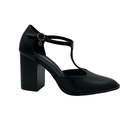 High Block Heel T-Bar Pointy Court - 1283