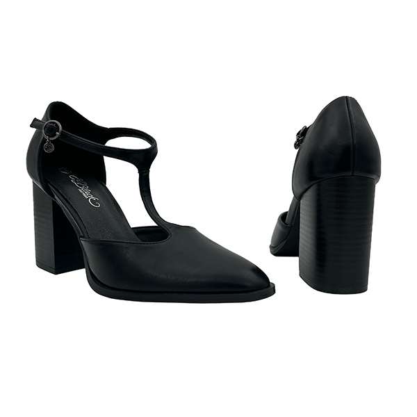 High Block Heel T-Bar Pointy Court - 1283